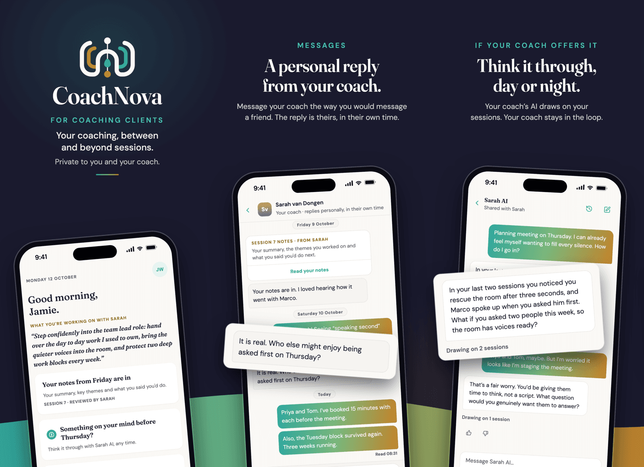 CoachNova on the App Store, for coaching clients: your coaching between and beyond sessions, a personal reply from your coach, and your coach's AI to think it through, day or night.