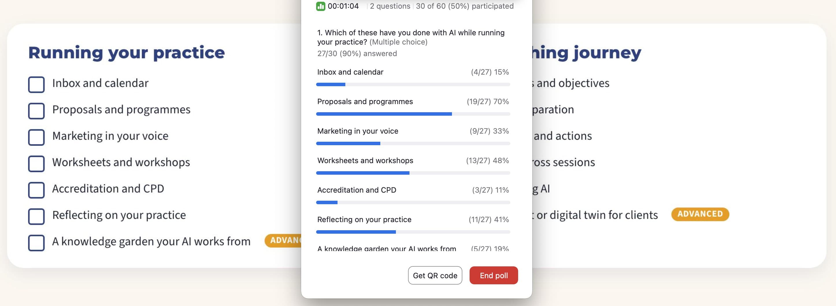 Live poll results from the EMCC AI literacy session: what coaches already do with AI.