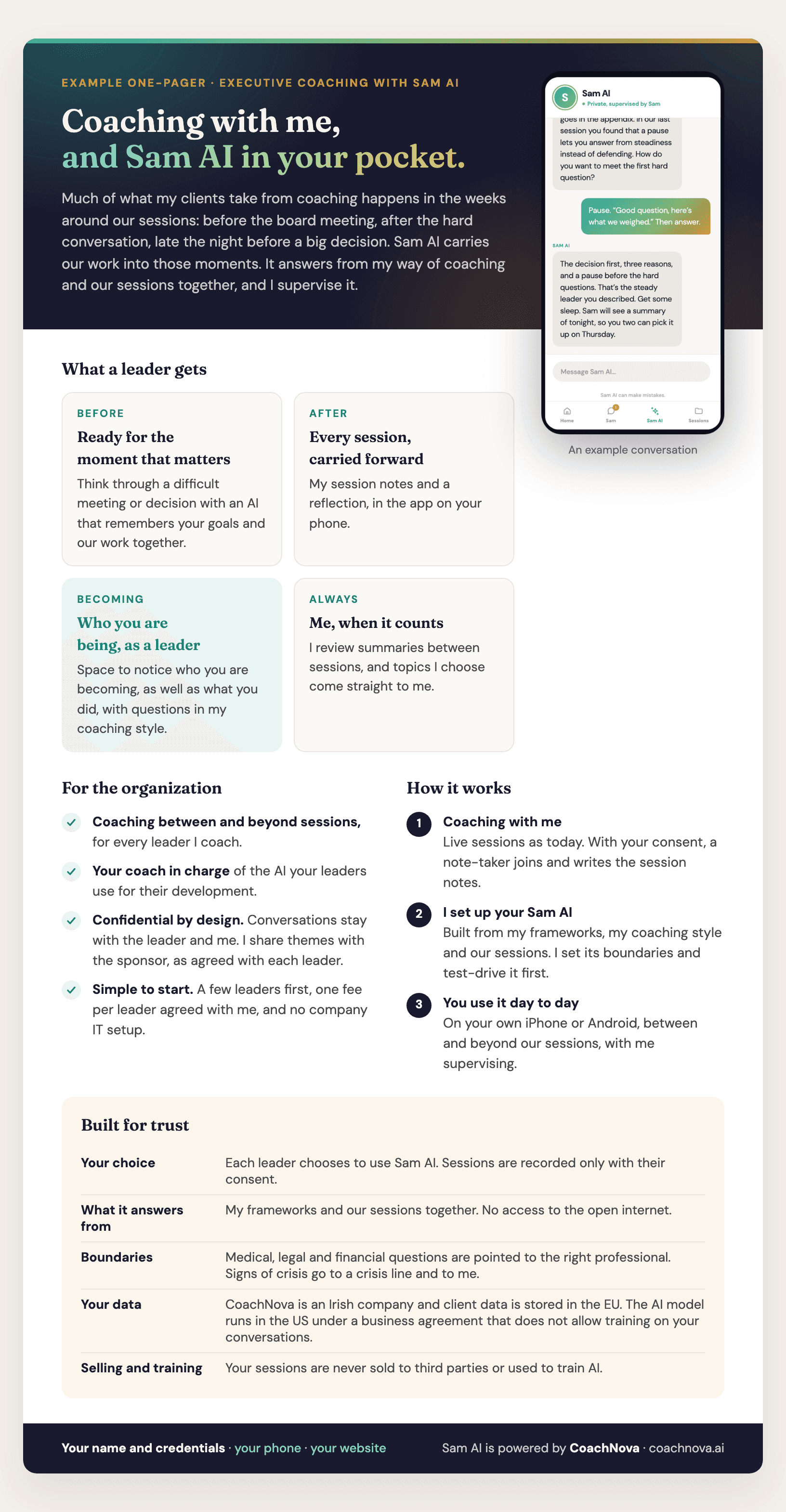 An example one-pager: Coaching with me, and Sam AI in your pocket. What a leader gets, how it works, and how it is built for trust.