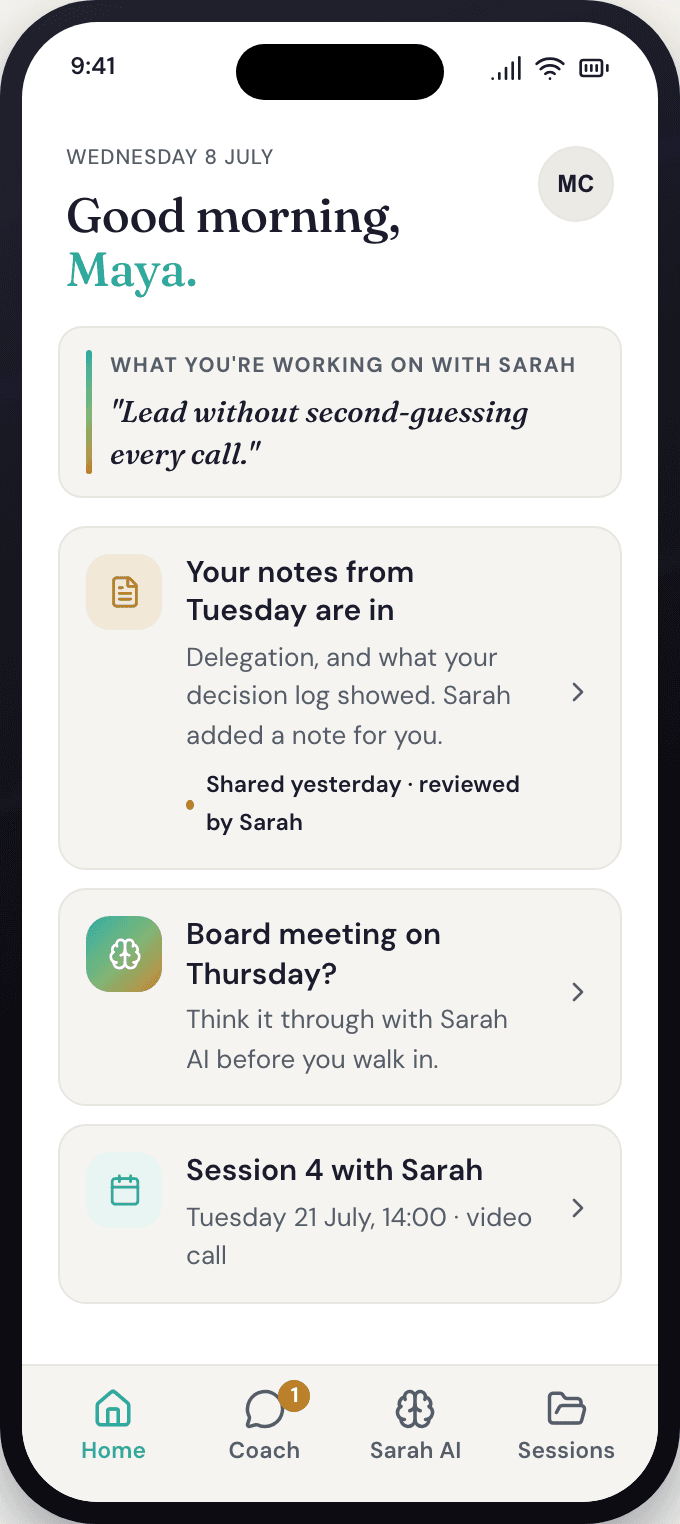 The CoachNova coachee app home screen. A morning greeting, the coaching goal at the top, the latest session notes, a prompt to think a hard moment through with the coach's AI twin, and the next session with the coach.