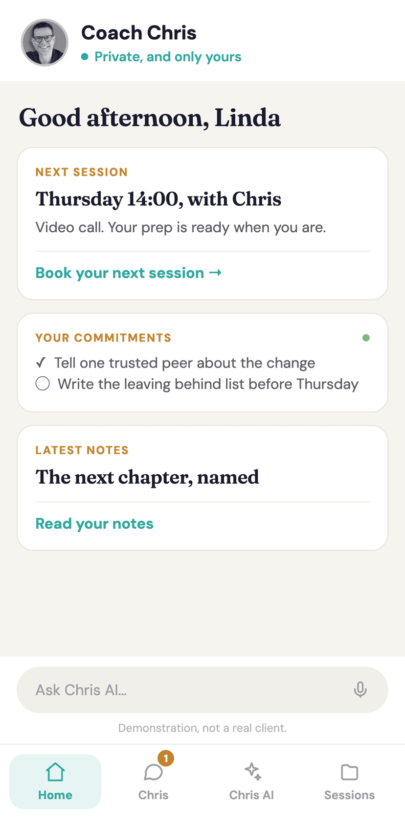 The client app: home, your coach, Chris AI, and your sessions