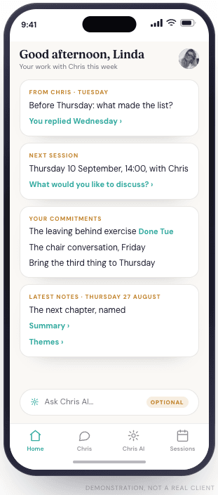 The coachee app home screen, with four tabs at the bottom: Home, Chris, Chris AI and Sessions. Demonstration, not a real client.