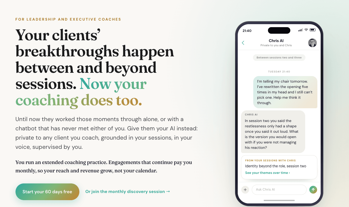 The new CoachNova homepage. Your clients' breakthroughs happen between and beyond sessions. Now your coaching does too.