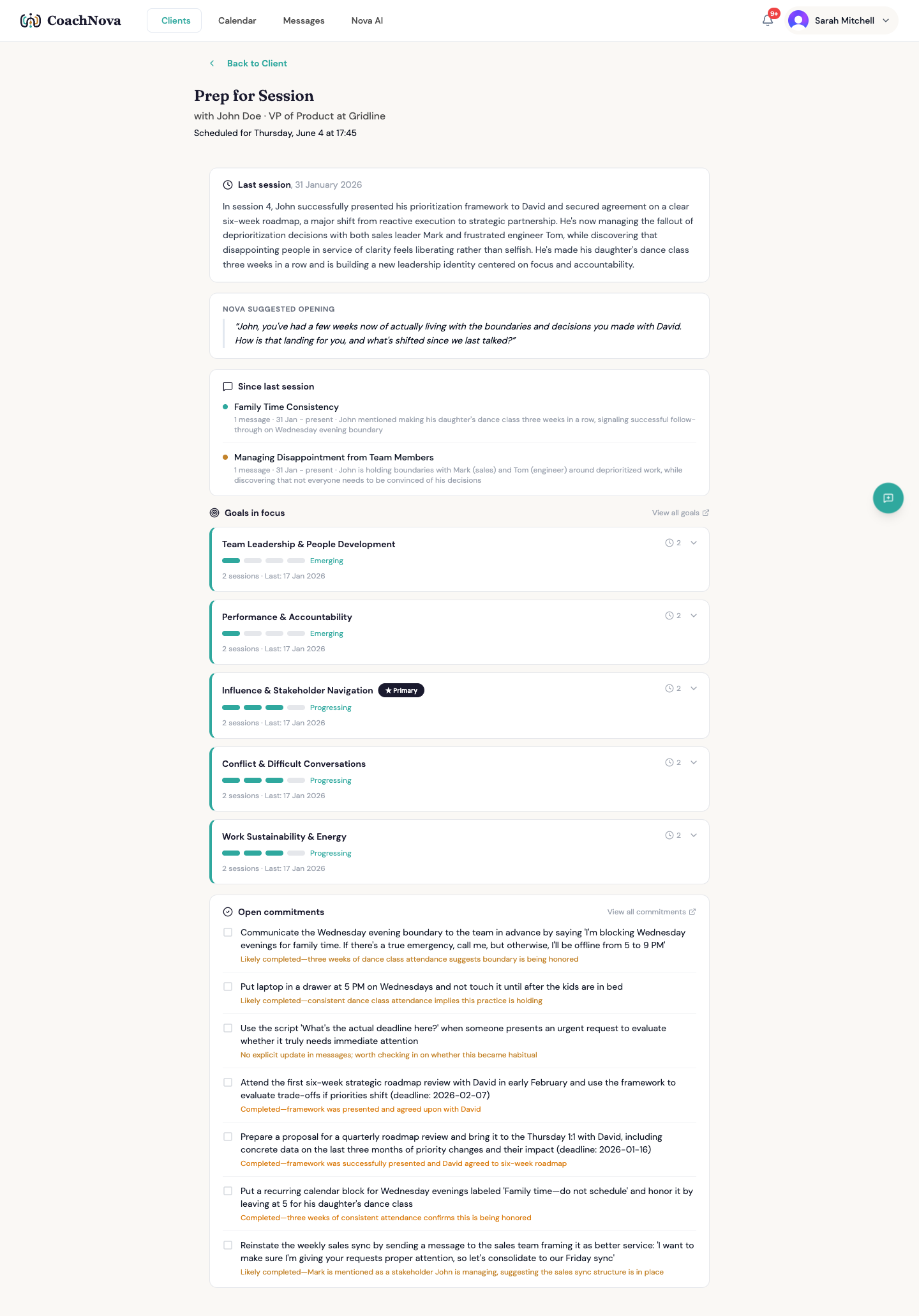 The CoachNova session prep page. Nova reads back the last session, lists what has shifted between sessions, the goals in focus, and the open commitments with an AI note on the likely status of each.