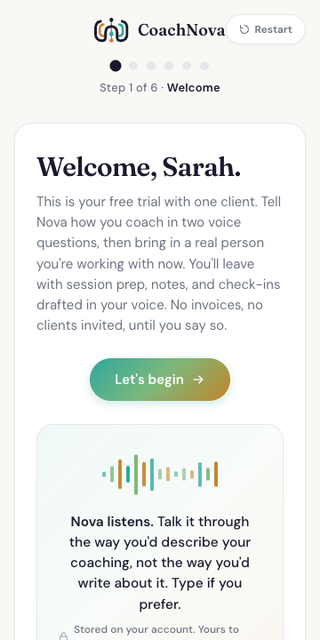 Voice-first onboarding mock: the CoachNova welcome screen on a phone, &ldquo;Welcome, Sarah&rdquo; with a Let&rsquo;s begin button and a Nova listens voice prompt.